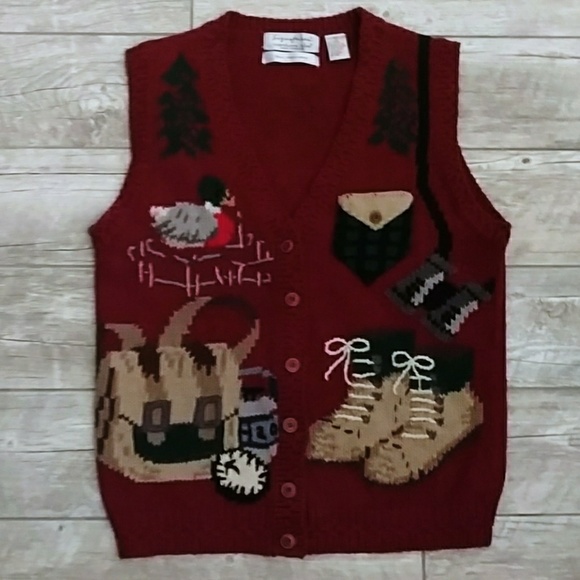 VTG Hunt Print Hand Embroidered Knit Vest L - Picture 2 of 8